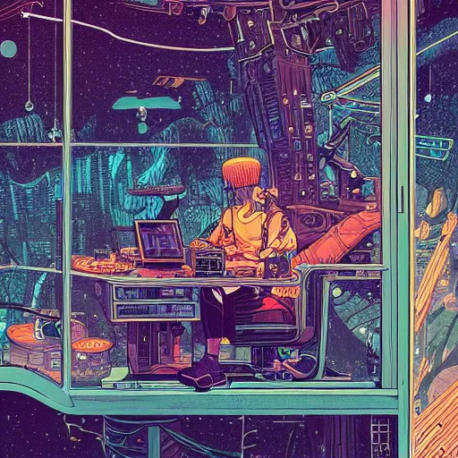 Image similar to Stunningly intricate illustration of a cyberpunk explorer playing video games in his treehouse, highly detailed, midnight, by Victo Ngai and James Gilleard , Moebius, Laurie Greasley