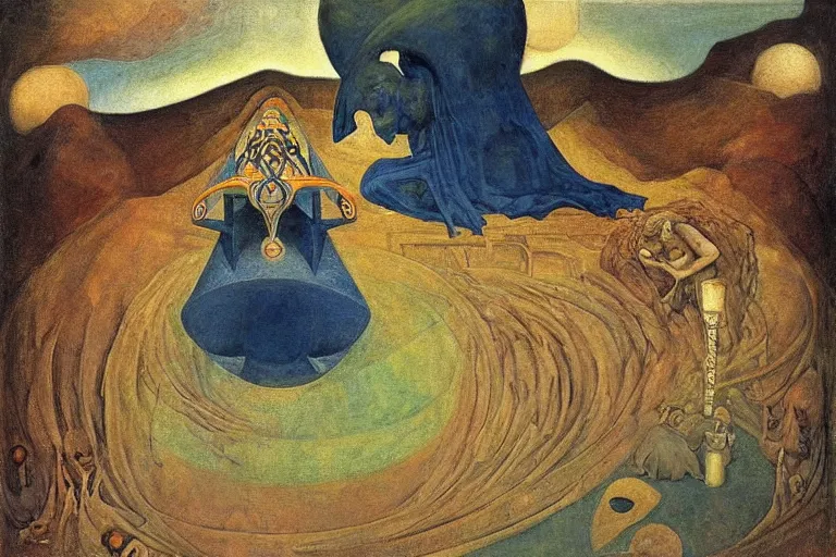 Prompt: the wake of the unseen object,by Remedios Varo and Nicholas Roerich and Adolf Wölfli and ford madox brown, symbolist, dramatic lighting, elaborate geometric ornament, cool blue and green colors, Art Brut, smooth, sharp focus, extremely detailed