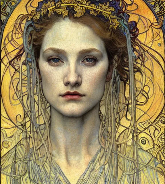 Image similar to detailed realistic beautiful young medieval queen face portrait by jean delville, alphonse mucha, vincent van gogh, and marco mazzoni, art nouveau, symbolist, visionary, gothic, pre - raphaelite
