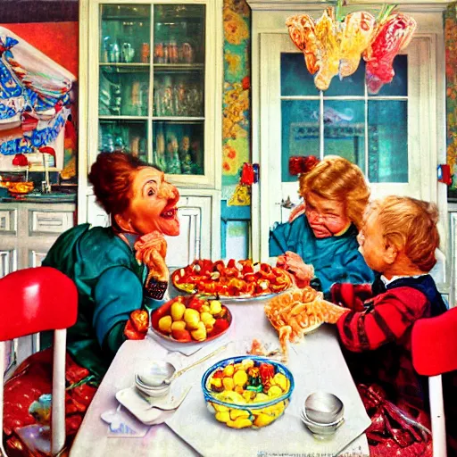 Image similar to hyper realistic hight detailed grandmother with a big mouth eating gummi bears on the table in the russian kitchen, by norman rockwell, bright colors, 4 k, 1 6 k, 3 2 k, photorealistic, cartoon style