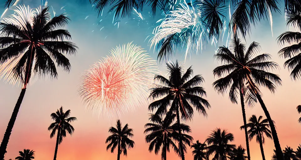 Image similar to fireworks palm trees, beeple