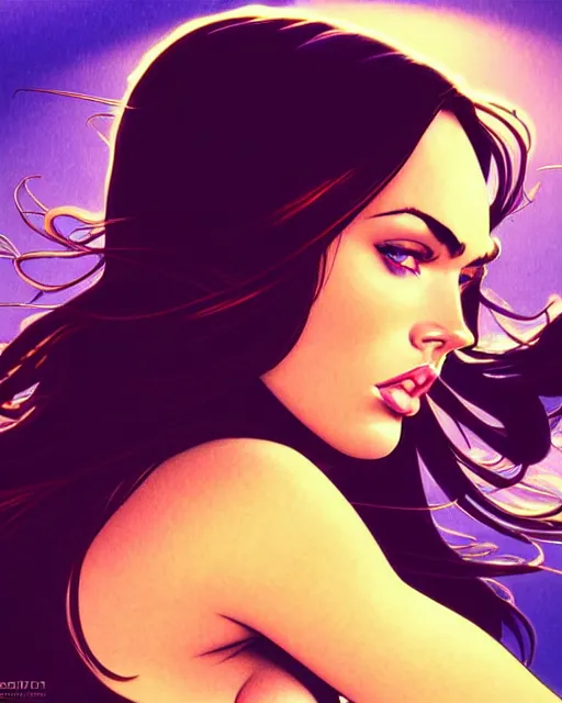 Image similar to low angle closeup beautiful very seductive megan fox retro scifi goddess pinup, action glamour pose, windblown dark hair, hyper detailed, digital art, studio lighting, smooth, ambient lighting, sharp focus, frank miller, wlop, anna dittmann, moebius!, alphonse mucha, patrick nagle!!, rim lighting, synthwave