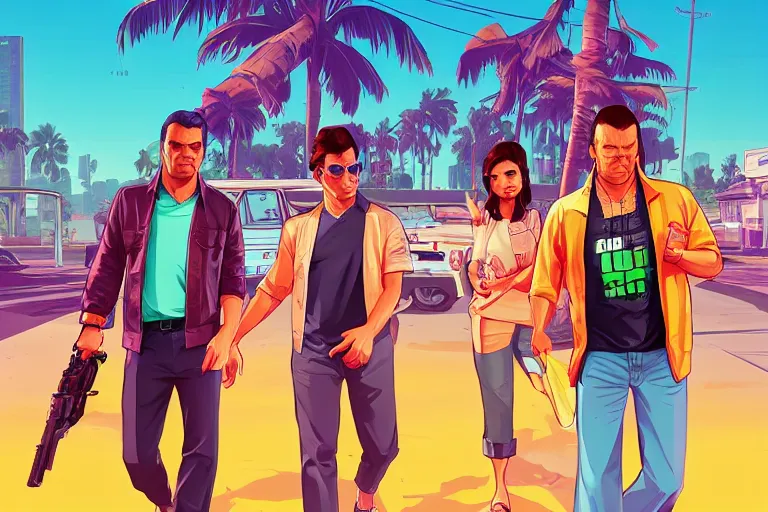 Prompt: gta vice city, gta 5 cover art, borderlands style, celshading, trending on artstation, by rhads, andreas rocha, rossdraws, makoto shinkai, laurie greasley, lois van baarle, ilya kuvshinov and greg rutkowski