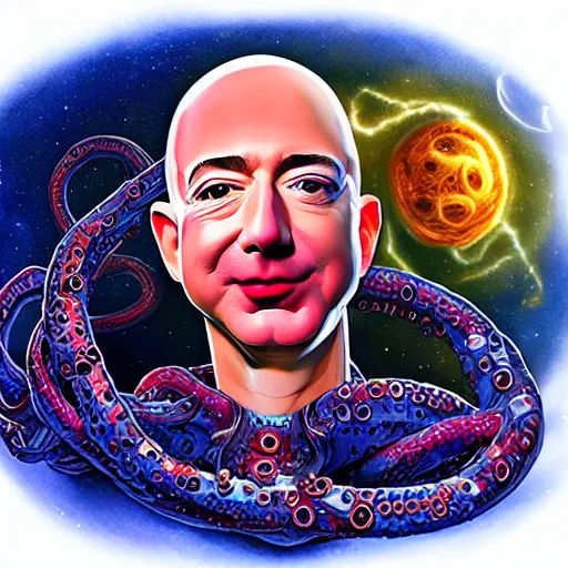 Prompt: Jeff Bezos as a terrifying cosmic horror with a thousand tentacles coming from his eyes and cracks in his head with a cosmic background. Epic digital art