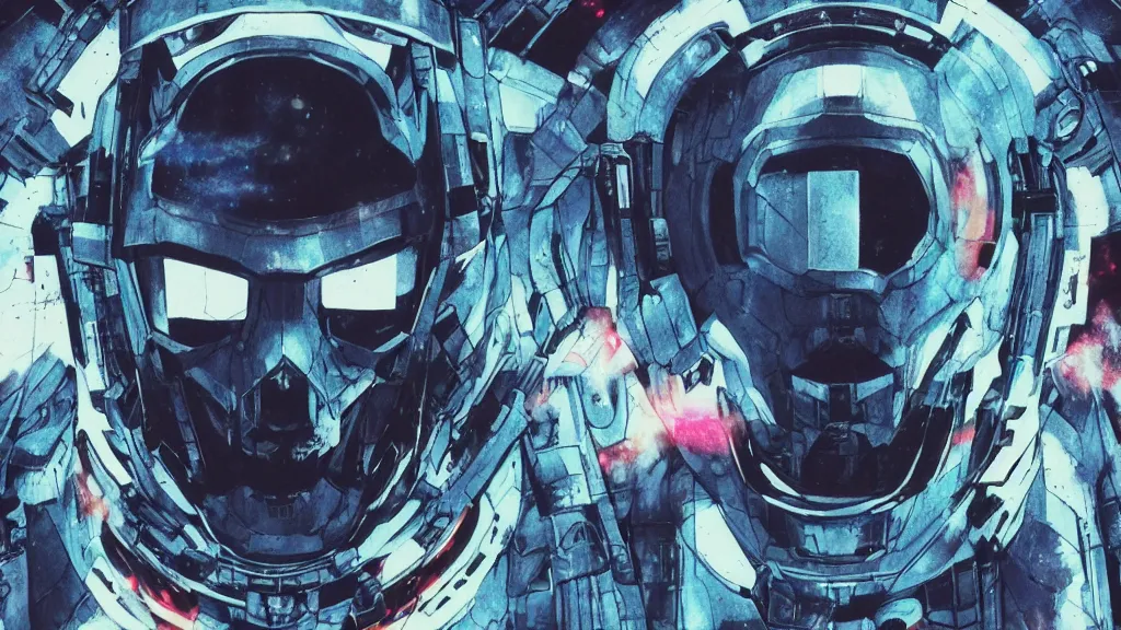 Prompt: brutalist white blue pink gundam mecha skull floating in void, an astronaut space pirate covered with black hole extraterrestrial event horizon antimatter, creative VFX, vhs glitch, no text, HD octane render, volumetric lighting, magical atmosphere, cinematic, hyper-realistic, rendered with octane, hyper realistic, hyper detailed, surreal, futuristic, volumetric light, 8k