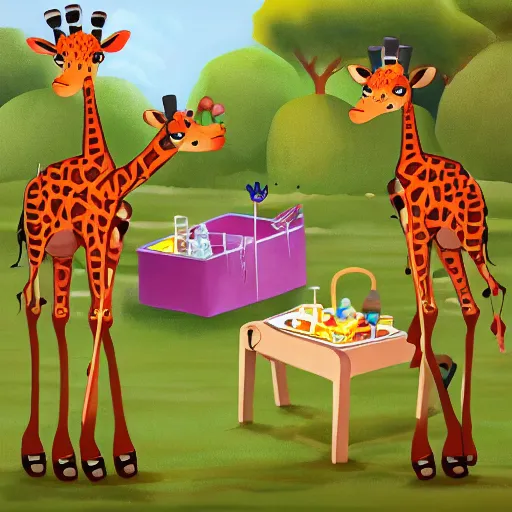 Prompt: robot - giraffes, having a picnic