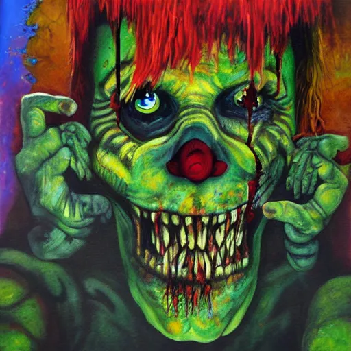 Image similar to zombie clown breaking through 4 th wall jungle painting, oil and acrylic on canvas, high detail