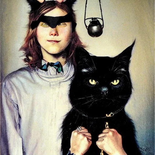 Image similar to a teenage boy with shaggy blond hair dressed as a black cat themed superhero. With cat ears, a tail, and a bell at his neck. Norman Rockwell, Ruan Jia.