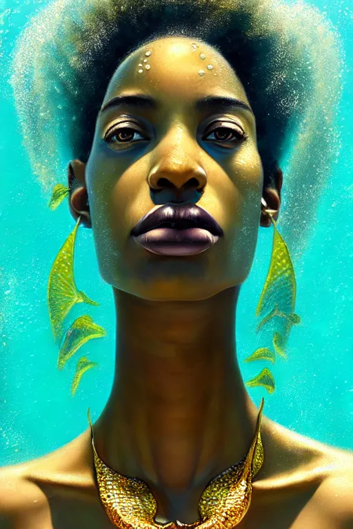 Image similar to hyperrealistic precisionist cinematic underwater scene with fish and algae, very expressive! translucent elegant african goddess, full body, gold jewerly, highly detailed face, digital art masterpiece, aykut aydogdu zener, dramatic volumetric light, long shot, low angle uhd 8 k, sharp focus