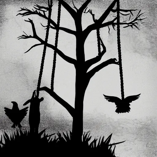 Image similar to a man is hanging on a rope on a tree, gloomy style, two crows are flying, black and white photography, creepy, stylization of a picture illustration from a book