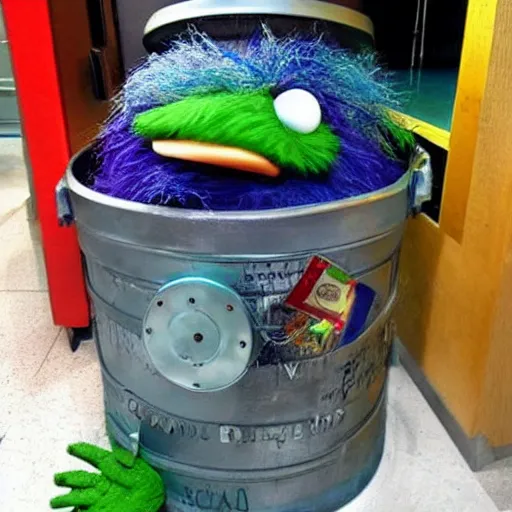 Image similar to oscar the grouch in a submarine made out of an old metal trash can