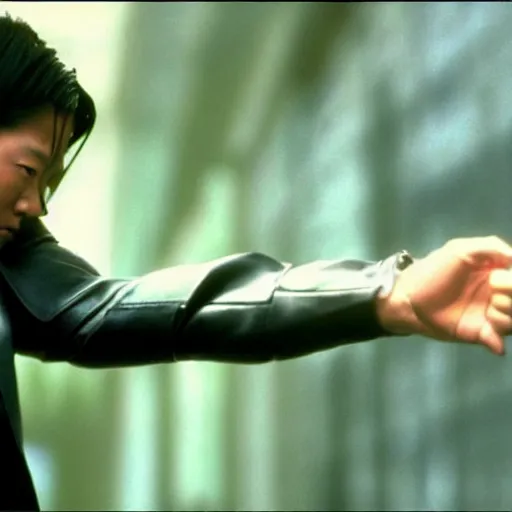 Prompt: film still of Sung Kang as neo in The Matrix (1999)