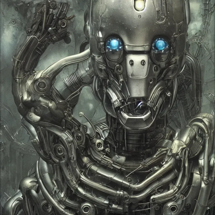 Prompt: h. r. giger esque portrait of a friendly happy emerald ultron from age of ultron, fresh of the production line, washed, clean, shiny, clockwork steampunk, head and chest only, by beksinski, 4 k, deviantart, trending on artstation