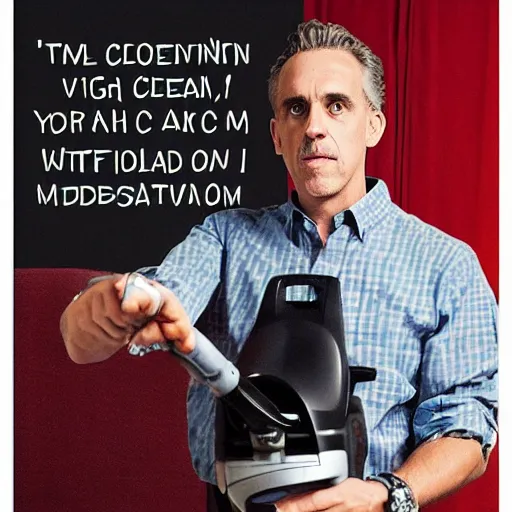 Image similar to Jordan Peterson cleans his room with a vacuum, motivational poster, inspirational art, high detail, realistic, mid shot, open, sharp