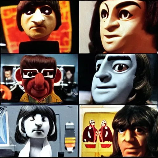 Image similar to stills from puppets movie by gerry anderson about the beatles, that band, vintage film, 1 9 6 0 s