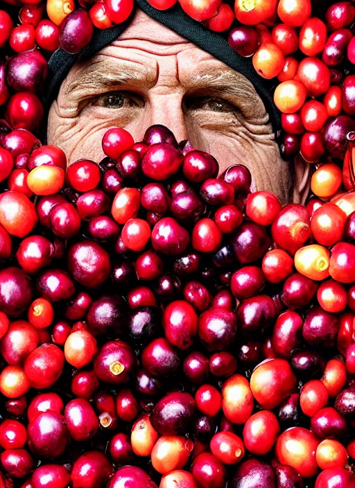 Image similar to bryan cranston cranberries spilling from mouth, cranberry helmet, studio light, bloom, detailed face, magazine, press, photo, steve mccurry, david lazar, canon, nikon, focus