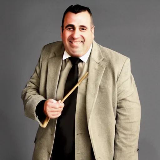 Image similar to full length shot : : clean - shaven smiling white chubby italian american man in his 4 0 s wearing a long brown overcoat and necktie and black shoes shoes shoes holding a burger, 2 0 0 6 advertising promo shot