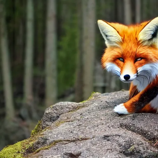 Prompt: well fluffy fox on rock, forest, photo