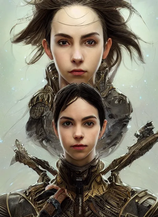 Image similar to a professional portrait of a beautiful young female, clothed in ethereal battle armor, olive skin, long dark hair, beautiful bone structure, symmetrical facial features, intricate, elegant, digital painting, concept art, smooth, sharp focus, finely detailed, illustration, from Valerian and the City of a Thousand Planets, in the style of Ruan Jia and Mandy Jurgens and Artgerm and Greg Rutkowski and William-Adolphe Bouguerea