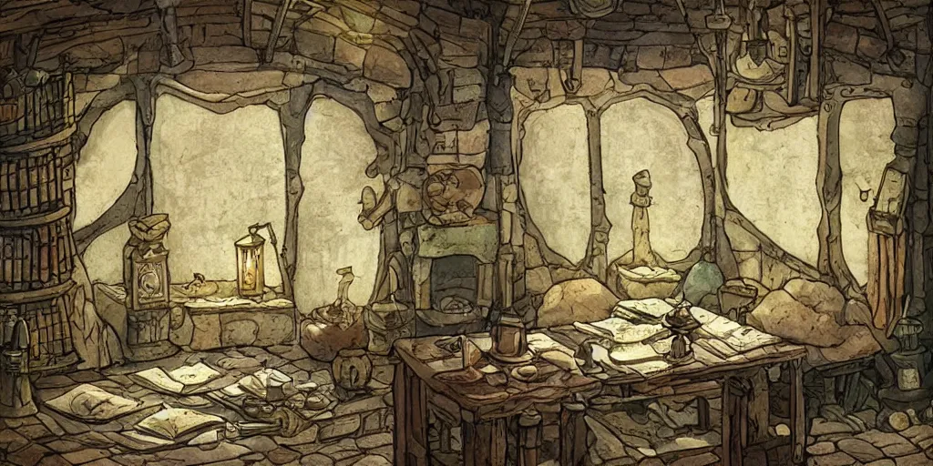 Prompt: a medieval fantasy interior room filled with codex ancient scrolls maps artifacts wooden desk shelves glass flasks and bottles wooden floor, open window at night, dark dank interior, candlelight, warmly lit, muted colorful, intricately detailed texture, in the style of hayao miyazaki studio ghibli films