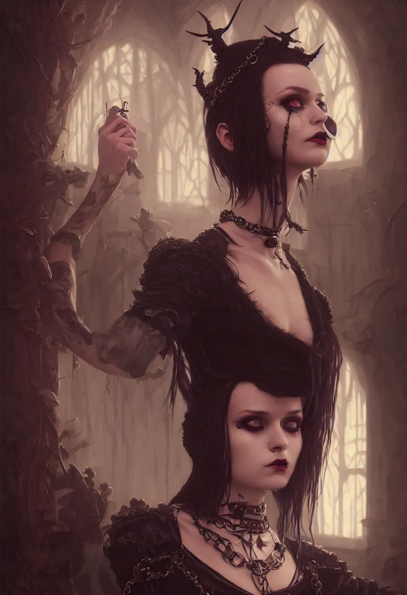 Prompt: beautiful very extreme closeup portrait, reflection in mirrors, goth girl, piercings collar, mohawk hairstyle, medieval dress. witch, makeup. unreal engine, greg rutkowski, loish, rhads, beeple, tom bagshaw, alphonse mucha, global illumination, detailed and intricate environment