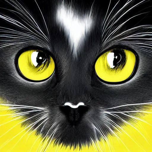 Prompt: black fluff with cute eyes, yellow background, portrait digital art