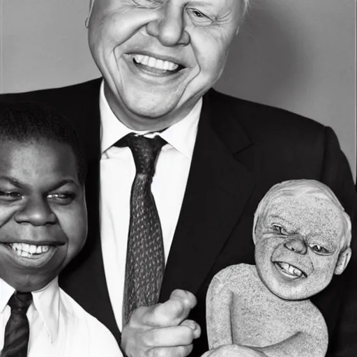 Image similar to smiling David Attenborough holding up Gary Coleman by the head,