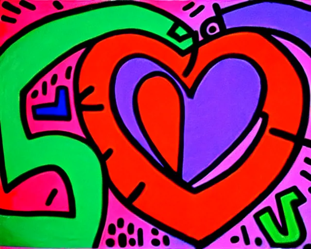 Image similar to graffiti, heart made with circles and lines, vivid colors, highly detailed, simple, no jagged lines, smooth, artstation, artwork by keith haring