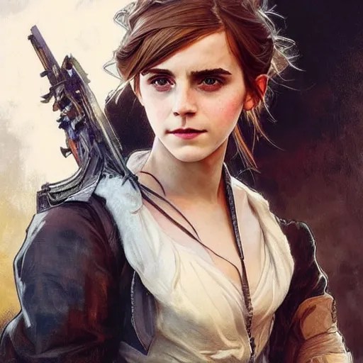 Image similar to emma watson cosplaying watson from apex legends fantasy art, hyper detailed, extremely complex, hyper realistic art by artgerm and greg rutkowski and alphonse mucha