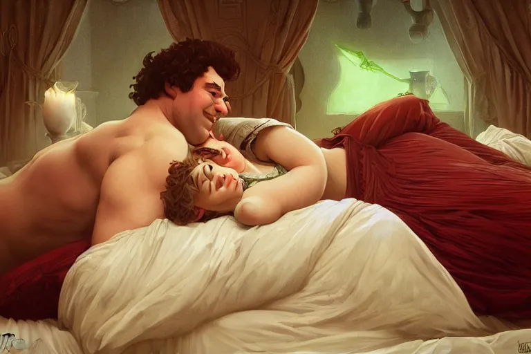 Prompt: russian poet alexander pushkin and shrek together in bed, portrait, highly detailed, digital painting, artstation, concept art, smooth, sharp focus, illustration, cinematic lighting, art by artgerm and greg rutkowski and alphonse mucha