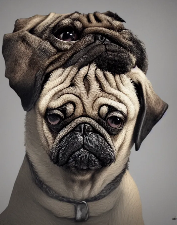 Image similar to a pug and with a paint mask intricate artwork by artstation. octane render, cinematic, hyper realism, 8k, depth of field.