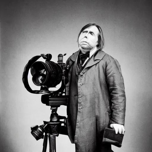 Prompt: Timothy Spall as Simon Graham (The Last Samurai) dressing in a whote seersucker suit holding an old-fashioned camera from the 1800's, studio photograph