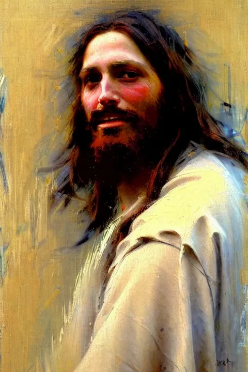 Image similar to impressionist brushstrokes!!!!!!!!! solomon joseph solomon and richard schmid and jeremy lipking victorian loose genre loose painting full length portrait painting of jesus with a slight smile happy inviting