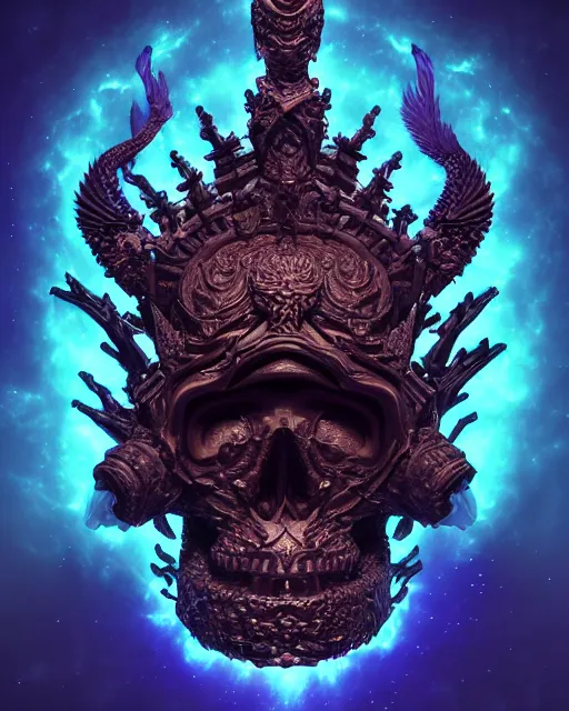 Image similar to 3 d ornate carved dark cosmic king with profile portrait, sigma 5 0 0 mm f / 5. beautiful intricate highly detailed quetzalcoatl skull. bioluminescent, plasma, lava, ice, water, wind, creature, thunderstorm! artwork by tooth wu and wlop and beeple and greg rutkowski, 8 k trending on artstation