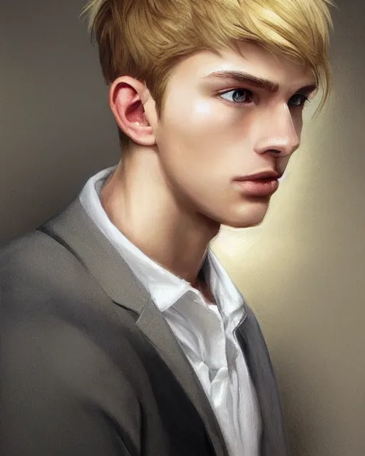 Image similar to portrait of 1 5 - year - old boy, a tall, slender boy with a pale, pointed face, sleek blond hair, and ice grey eyes, cold grey eyes, highly detailed, digital painting, artstation, concept art, smooth, sharp focus, illustration, art by artgerm and greg rutkowski and alphonse mucha