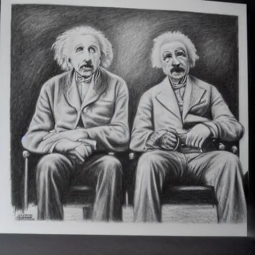 Image similar to Einstein and Tesla sitting at cafe, pencil drawing, ultra detailed