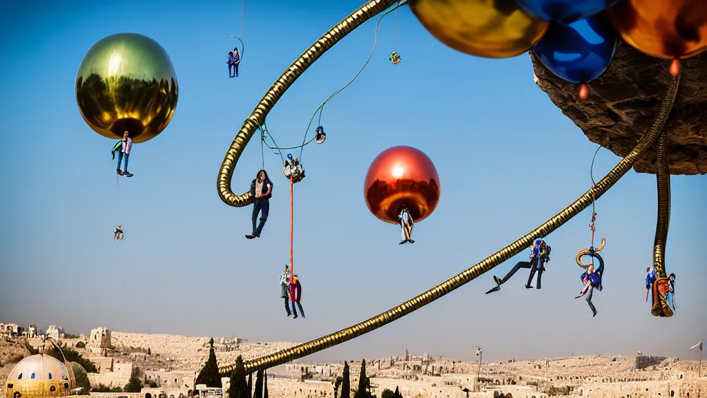 Prompt: large colorful futuristic space age metallic steampunk balloons with pipework and electrical wiring around the outside, and people on rope swings underneath, flying high over the beautiful jerusalem city landscape, professional photography, 8 0 mm telephoto lens, realistic, detailed, photorealistic, photojournalism