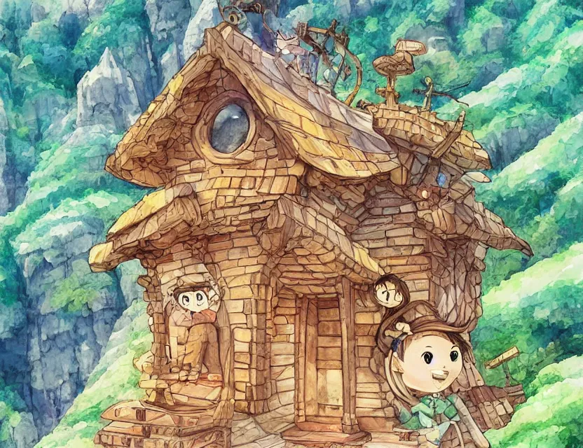 Prompt: cute and funny, a magicians cabin carved into a mountain, centered award winning watercolor pen illustration, isometric illustration by chihiro iwasaki, edited by range murata, tiny details by artgerm and watercolor girl, sharply focused