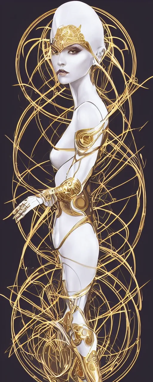 Image similar to beauty art nouveau woman, White and gold robotic, lasers making patterns in reflection of gold, trending on artstation, by Artgerm