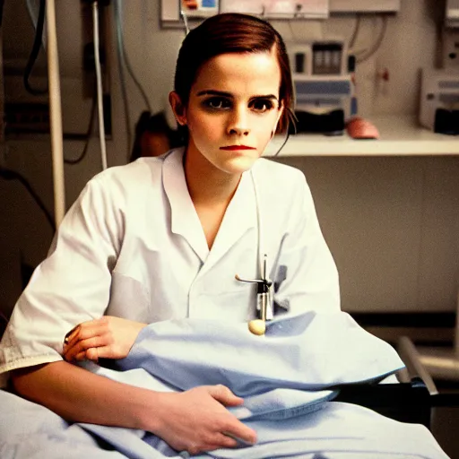 Image similar to emma watson, nurse scrubs, hospital, portrait, mouth open, full body, award winning, kodak ektachrome expired blue tint,