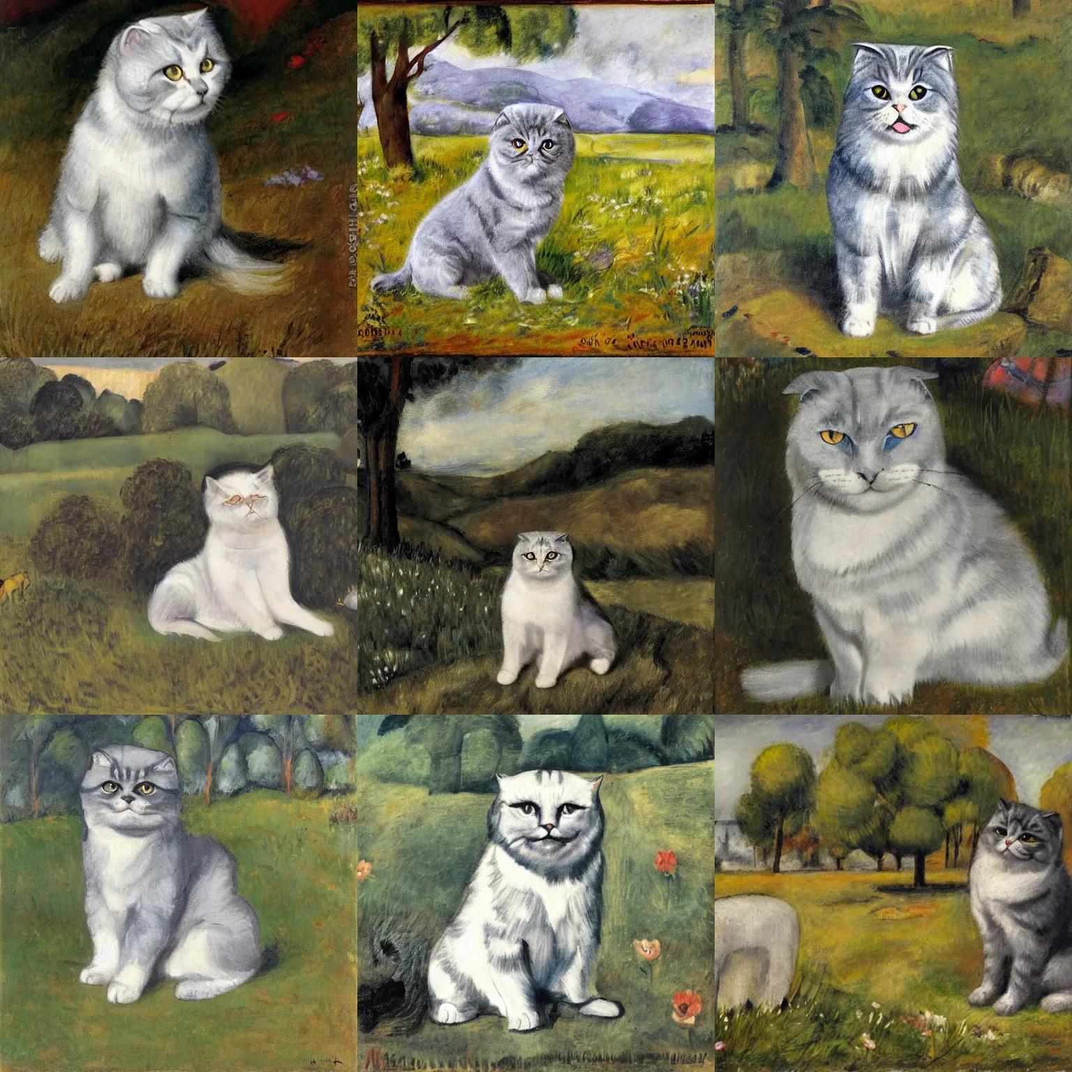 Prompt: a gray scottish fold sitting in the middle of sunny meadow, by max weber