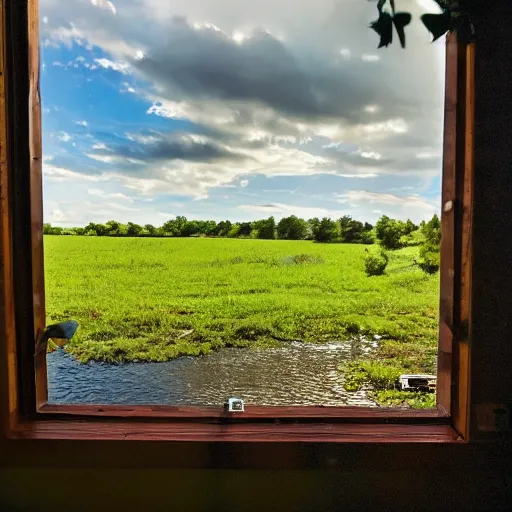 Image similar to a cinematic landscape view looking out a window into an open field, wind blows the leaves, and the sun shines through the parted clouds, a small creek runs through the backyard