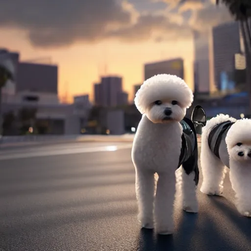 Image similar to a photorealistic image of bichon frise riding in the back on an uber in Hollywood at dusk. This 4K HD image is Trending on Artstation, featured on Behance, well-rendered, extra crisp, features intricate detail and the style of Unreal Engine.