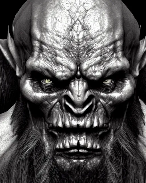 Image similar to orc, hyper realism, fine details, deviantart artstation, extremely detailed, black and white, very sharp, in the style of albrecht durer