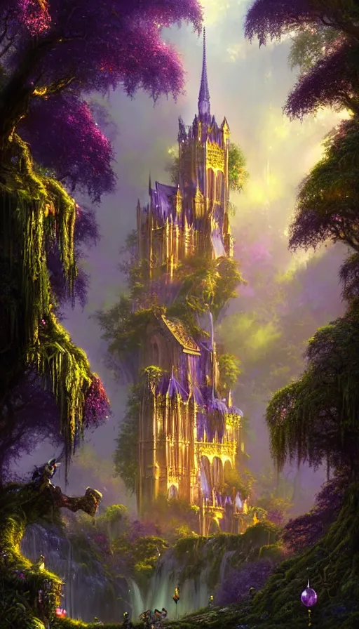 Image similar to fairy palace, castle towers, sunbeams, gothic cathedral, Japanese shrine waterfall, gold and gems, purple trees, lush vegetation, forest landscape, painted by tom bagshaw, raphael lacoste, eddie mendoza, alex ross concept art matte painting