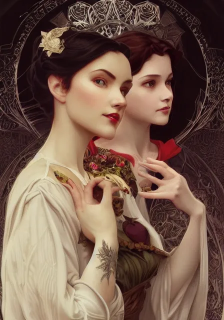 Image similar to snow white and evil queen, intricate, elegant, highly detailed, digital painting, artstation, concept art, smooth, sharp focus, illustration, art by artgerm and greg rutkowski and alphonse mucha and william - adolphe bouguereau