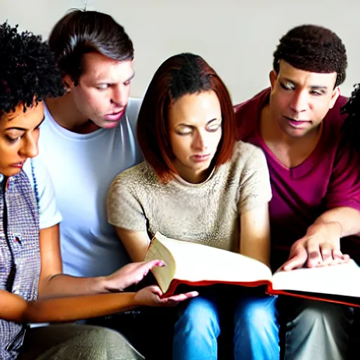 Image similar to two women and three men looking at a book