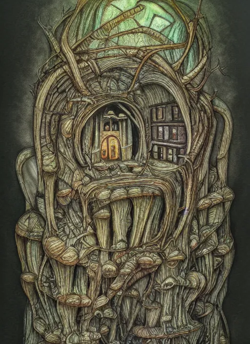 Image similar to a hybrid between a mushroom and a house,, insanely detailed, studio light, hr giger, colored pencil