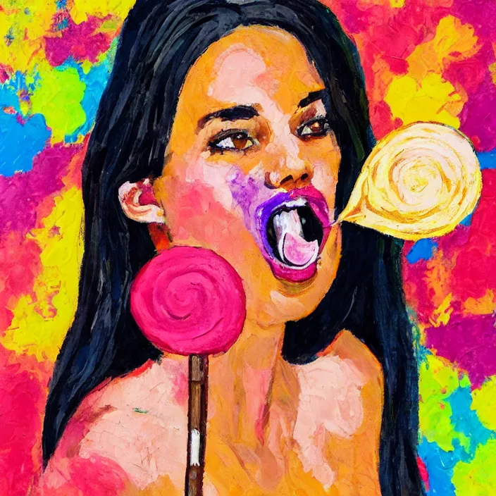 Image similar to portrait of beautiful woman licking a lollipop painted with colorful gouache impasto