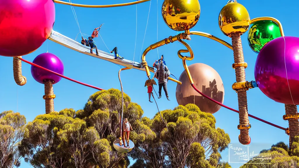 Image similar to large colorful futuristic space age metallic steampunk balloons with pipework and electrical wiring around the outside, and people on rope swings underneath, flying high over the beautiful adelaide in south australia city landscape, professional photography, 8 0 mm telephoto lens, realistic, detailed, photorealistic, photojournalism